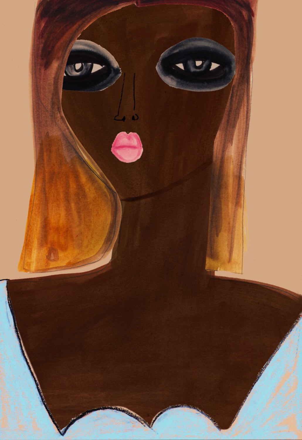 Artist portrait of a brunette woman with a light blue sweetheart neck dress looking to the left. She's wearing light pink lipstick.