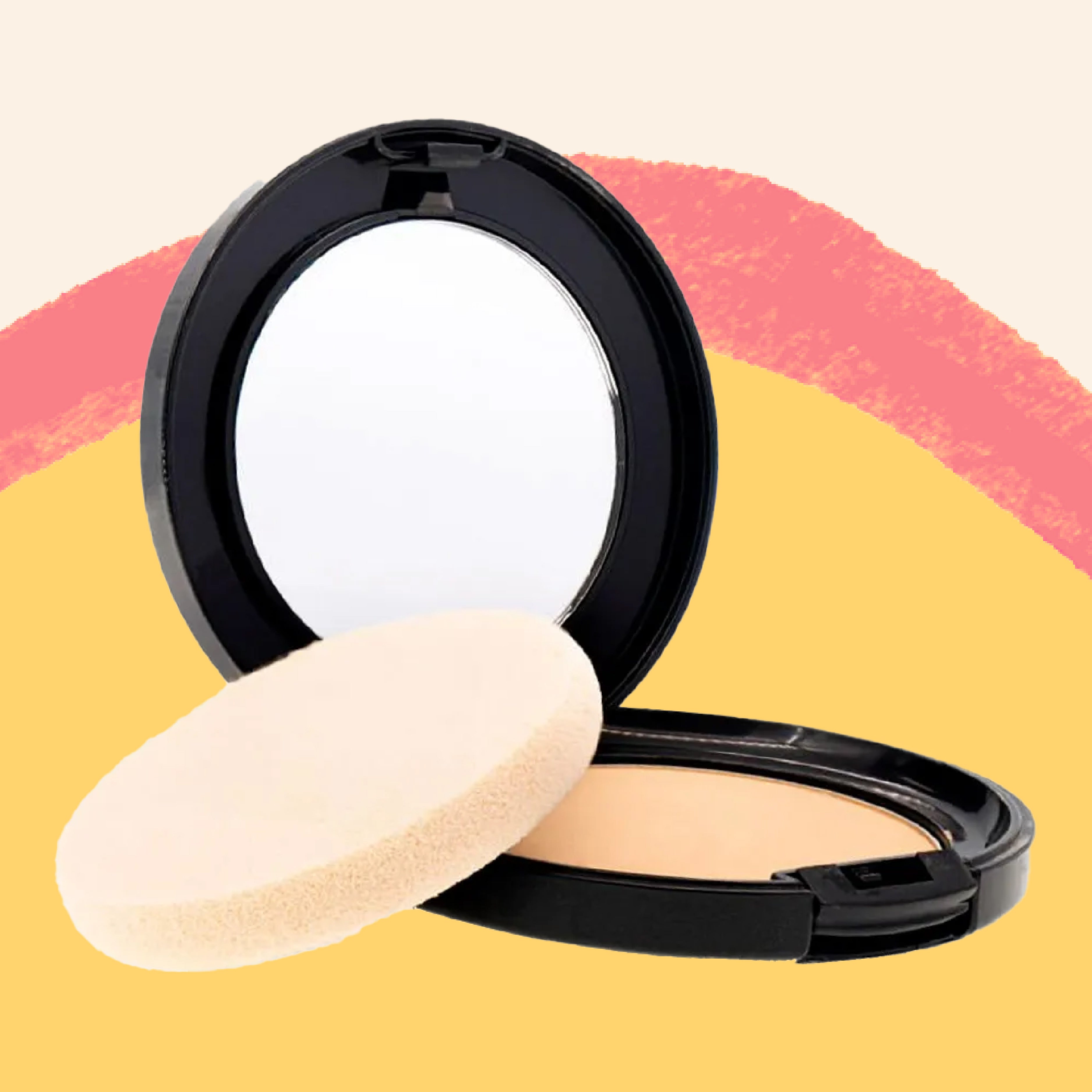 Close up photo of powdered foundation with matchinig sponger product with yellow and pink swirl as a background.