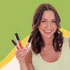 A women holds 3 lipglosses (pink, red, and peach) while the background changes from green above and below her.